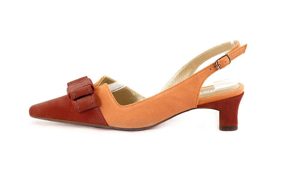 French elegance and refinement for these scarlet red and clementine orange dress slingback shoes, with a knot, 
                available in many subtle leather and colour combinations. The pretty French spirit of this beautiful pump will accompany your steps nicely and comfortably.
To be personalized or not, with your materials and colors.  
                Matching clutches for parties, ceremonies and weddings.   
                You can customize these shoes to perfectly match your tastes or needs, and have a unique model.  
                Choice of leathers, colours, knots and heels. 
                Wide range of materials and shades carefully chosen.  
                Rich collection of flat, low, mid and high heels.  
                Small and large shoe sizes - Florence KOOIJMAN
